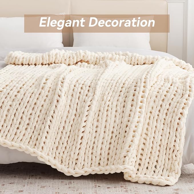 Negwoo Chunky Knit Throw Blanket, 30''*40'' Knitted Throw Chenille Yarn for Bed Couch, Handmade Cream Crochet Big Thick Blanket, Machine Washable Cute Comfy Blanket for Home Decor