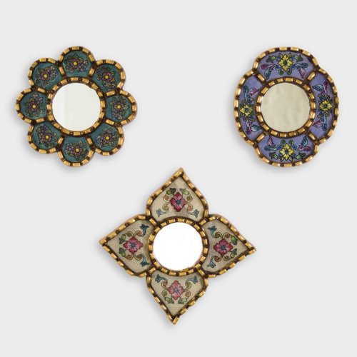 DECORCONTRERAS Artisan Small Accent Wall Mirror Set of 3 - Peruvian mirrors for wall with bronze leaf frame - Reverse Painted Glass Mirrors