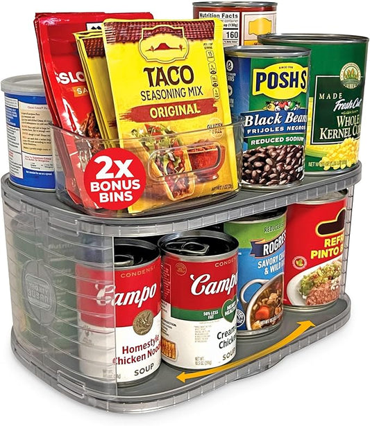 Mighty Susan 2-Tier Lazy Susan Pantry Organizer – Steel Reinforced Turntable for Kitchen Cabinets & Pantry Storage – Heavy-Duty Can Organizer Holds Up to 30 lbs – Rotates 360° – Includes 2 Bonus Bins