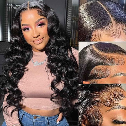 Anderah 24 Inch 13x6 Body Wave Lace Front Wigs Human Hair 13x6 HD Lace Glueless Human Hair Wig Pre Plucked Natural Hairline Brazilian Human Virgin Hair Long Black Body Wave Wig for Women 180% Density