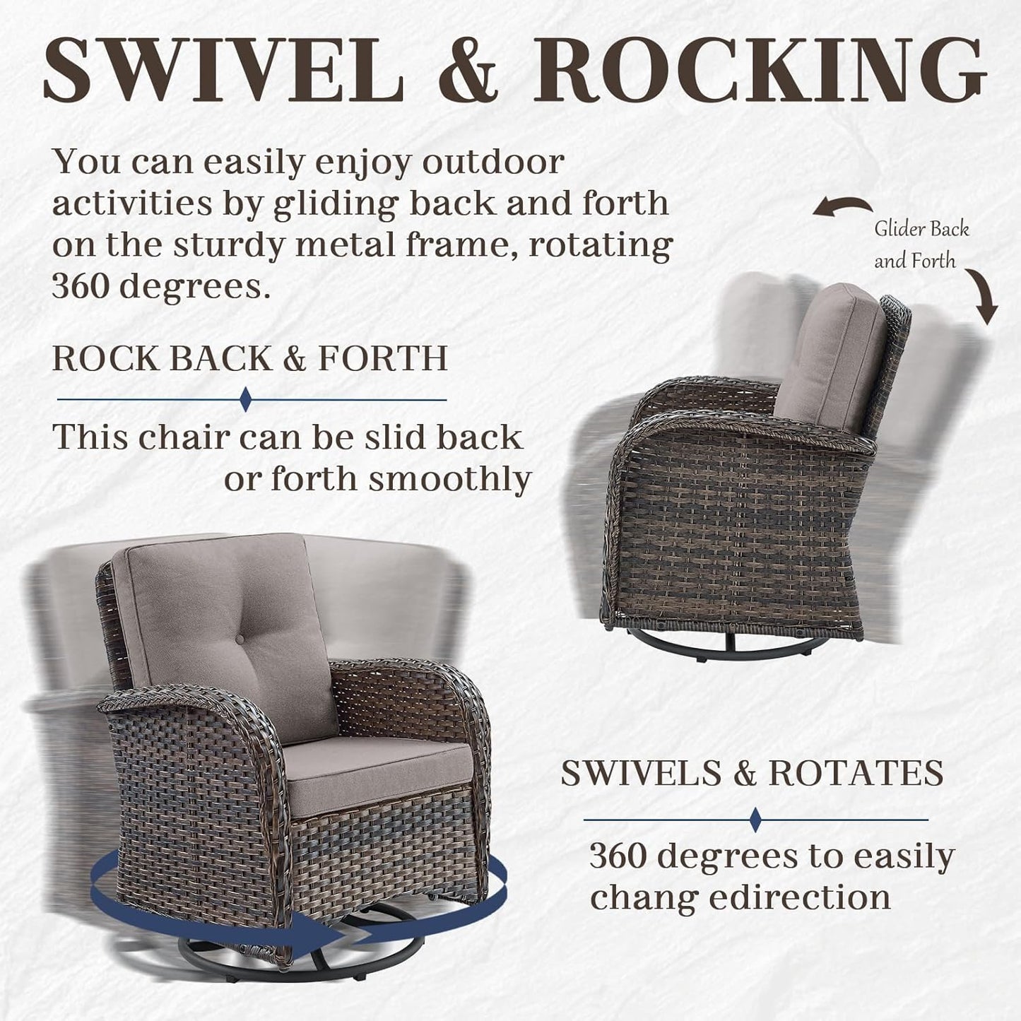 HUMMUH 7-Piece Patio Furniture Set with Fire Pit,Wicker Patio Glider Loveseat Outdoor Swivel Rocker Chairs with Ottomans for Backyard,Poolside,Deck