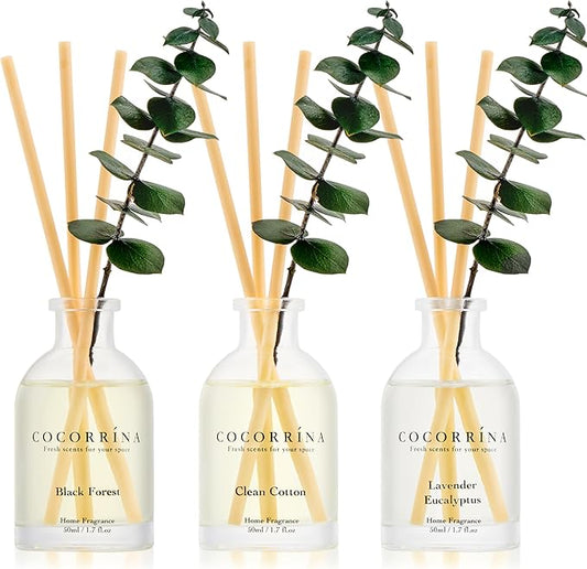 COCORRÍNA Eucalyptus Reed Diffuser Set of 3 - Lavender Eucalyptus, Black Forest, Clean Cotton Scents, 1.7 fl oz Each, Total 5.1 oz, Scented Oil Diffusers for Home & Office﻿