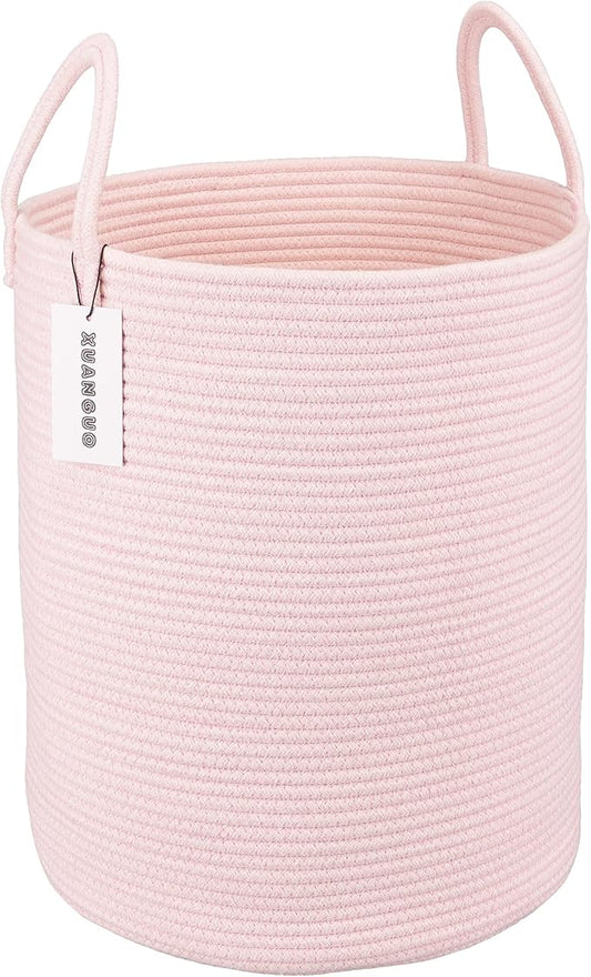 XUANGUO Cotton Rope Laundry Basket Hamper for Girls Kids Baby Nursery Hamper Bin Woven Storage Basket for Living Room Girls room Boho Tall Rope Baskets for Blanket Toys Large light pink