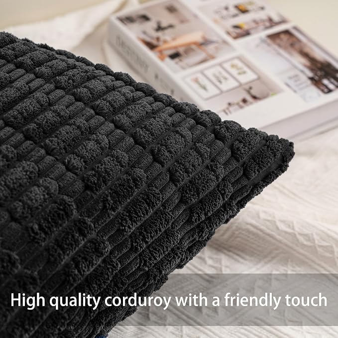 Aegero Pack of 2 Corduroy Decorative Throw Pillow Covers 20x20 InchSoft Striped Pillow Covers Modern Farmhouse Home Decor for Sofa Living Room Couch Bed（Black）