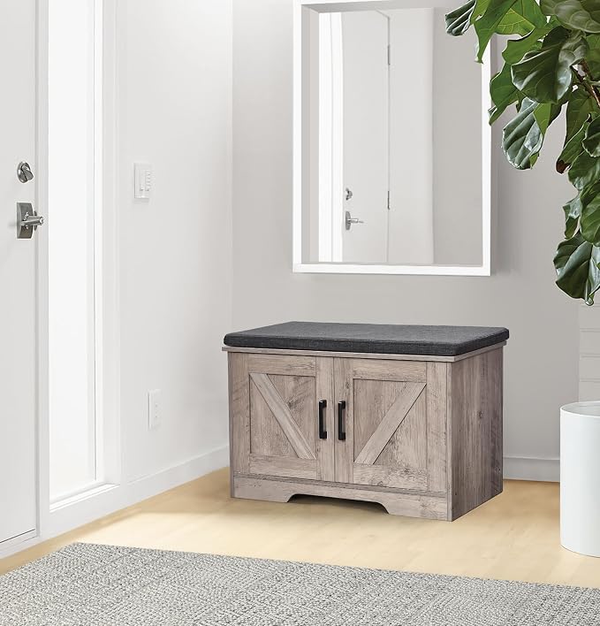 HOMSHO 2-Tier Storage Bench, 27.6" Wide Shoe Bench with Padded Seat Cushion, Entryway Bench with 2 Barn Doors and Adjustable Shelf, Greige