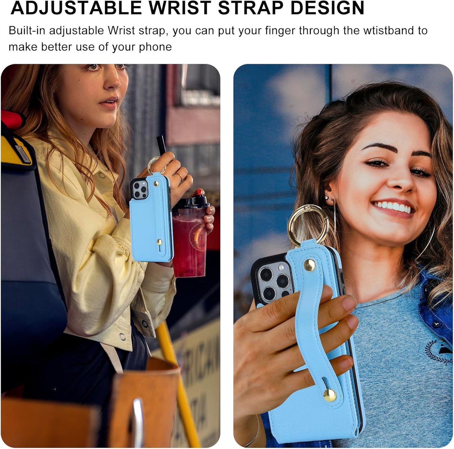 Folosu for iPhone 12/12 Pro Wallet Case with Card Holder, Hand Wrist Strap Loop Holder Kickstand, RFID Blocking Finger Grip Ring PU Leather Double Buttons Shockproof Cover 6.1" Blue"