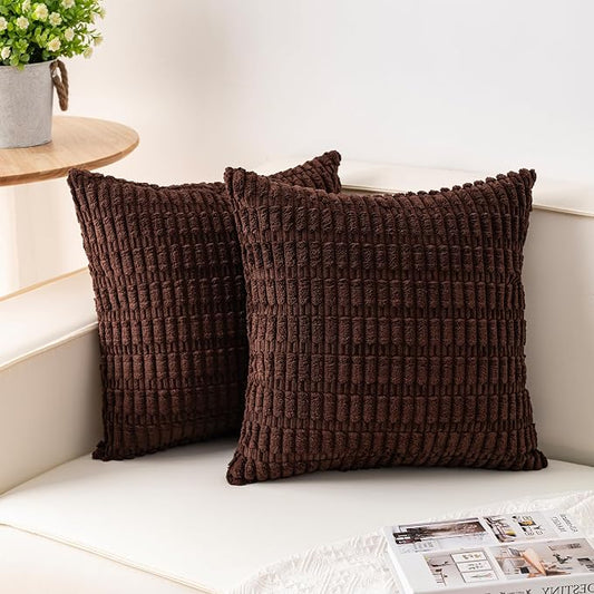 Aegero Pack of 2 Corduroy Decorative Throw Pillow Covers 22x22 Inch Soft Striped Pillow Covers Modern Farmhouse Home Decor for Sofa Living Room Couch Bed（Dark Brown）