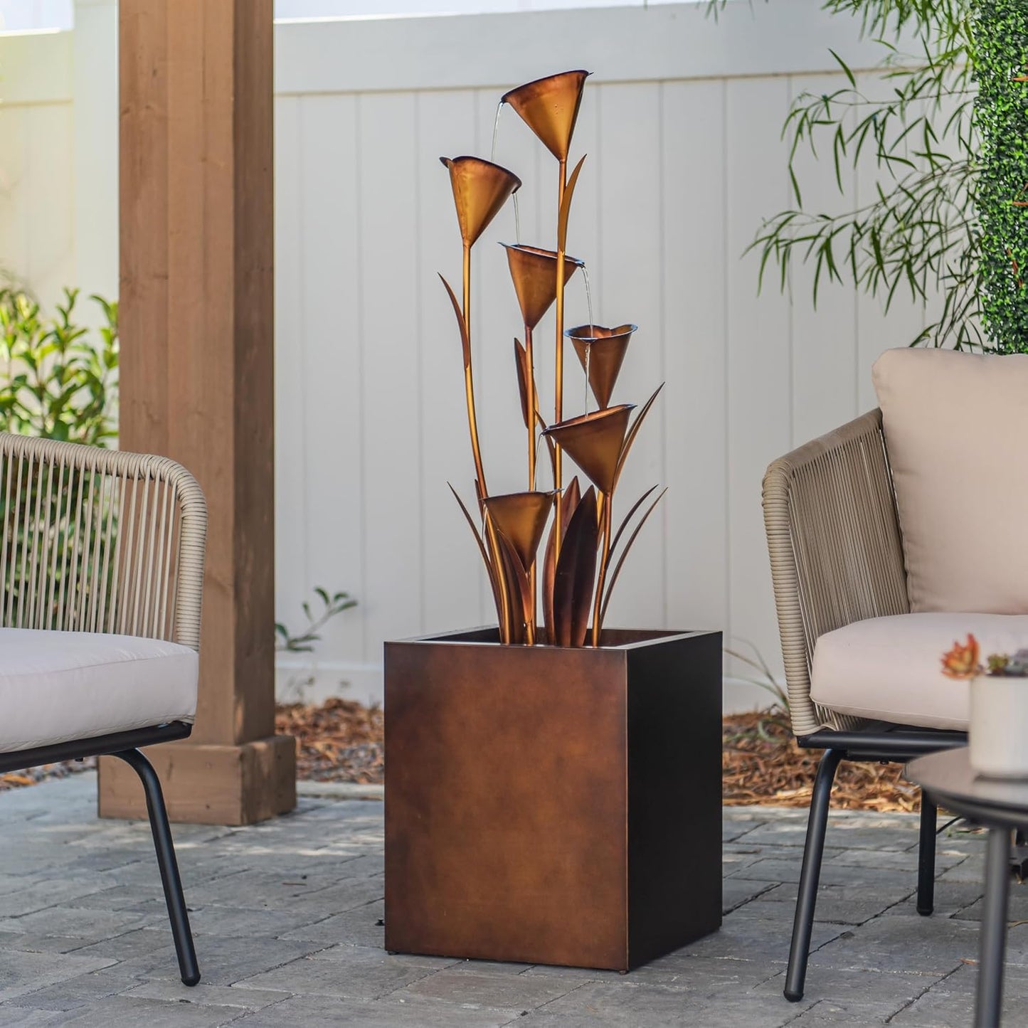 XBrand Freestanding Sculptural Metal Multi-Tiered Flower Water Fountain, No LED Lights, Bronze, 46" Tall