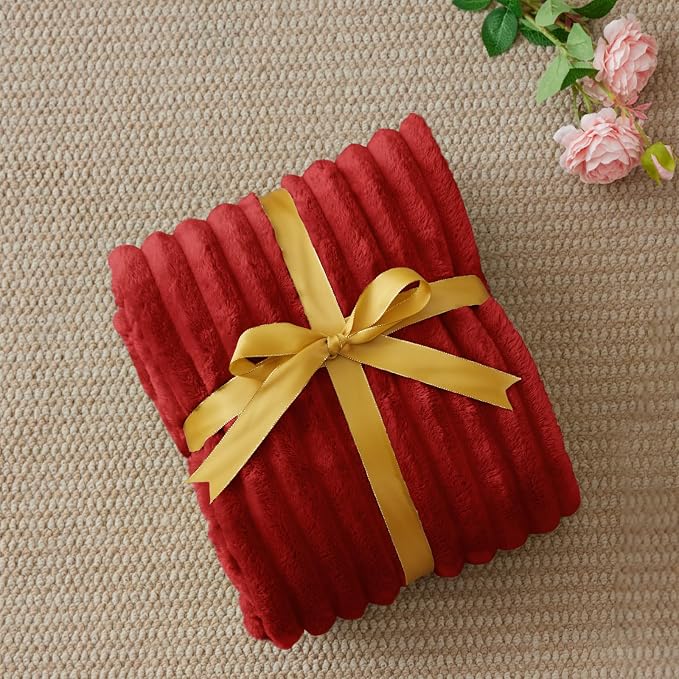 BEDELITE Fleece Throw Blanket for Couch - 300GSM Soft & Warm Fluffy Burgundy Blanket, Decorative and Giftable Striped Blankets for Women, Men, 50"x60"