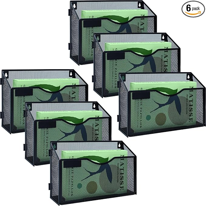 6 Packs 1 Tier A4 Mesh in Tray Hanging Wall File Holder Magazine Document Holder Mail Organiser Magazine Storage Rack,Durable Metal Mesh Filing Storage, Black
