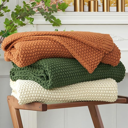 Longhui bedding Chunky Cable Knit Throw Blanket Lightweight Beige 100% Organic Cotton Blanket for Sofa Couch Bed Baby Nursery, Rustic Shabby Chic Modern Farmhouse, 60” x 80”