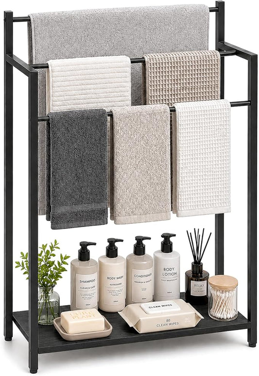 24.8" W Freestanding Towel Rack, 3 Tier Blanket Ladder Stand with Black Wooden Shelf for Bathroom Living Room
