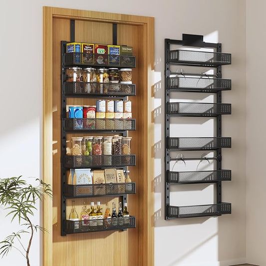 Pantry Door Organizers and Storage, 6-Tier Large Metal Heavy-Duty Frame Over the Door Spice Rack, 2 in 1 Wall-Mounted or Hanging shelf for Kitchen, Bathroom, Laundry Room, Bedroom, Closet &Nursery