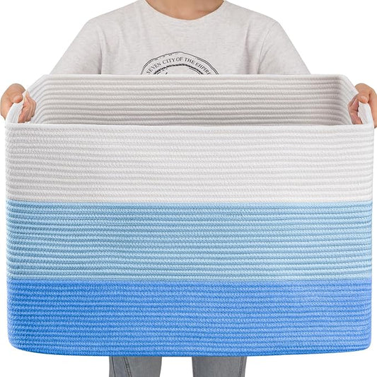 OIAHOMY 108L Super Large Blanket Basket, 25”x16”x16” Rectangle Woven Baskets for Storage, Cotton Rope Basket For Living Room, Toy Storage with Handle - Gradient Light Blue
