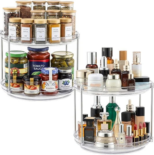 2 Set 2 Tier Non-Skid Acrylic Lazy Susan Organizer - Rotating Spice Rack - Turntable Spinning Organization for Kitchen, Pantry, Countertop, Closet, Bathroom, Vanity, Medicine Cabinet Organizing, 11''