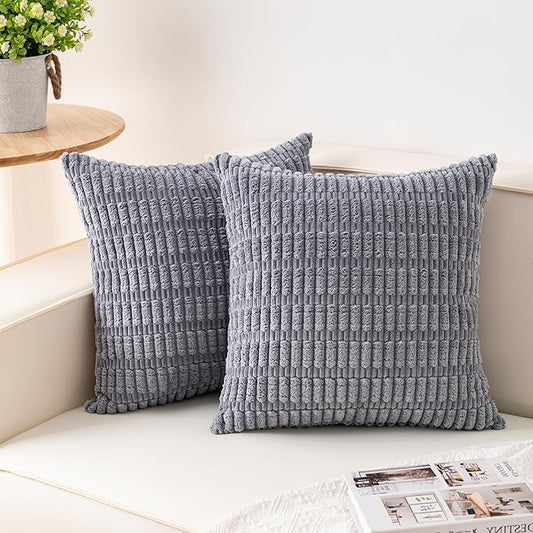 Aegero Pack of 2 Corduroy Decorative Throw Pillow Covers 22x22 Inch Soft Striped Pillow Covers Modern Farmhouse Home Decor for Sofa Living Room Couch Bed（Light Grey）