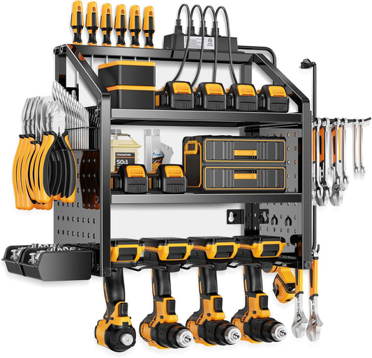 LBT Heavy Duty Metal Power Tool Organizer Wall Mount with 4 Outlet Charging Station & Drill Holder, 4 Layer Garage Storage Rack 120LB, Gift for Men Dad Husband (Workshop, Anniversary, Father's Day)