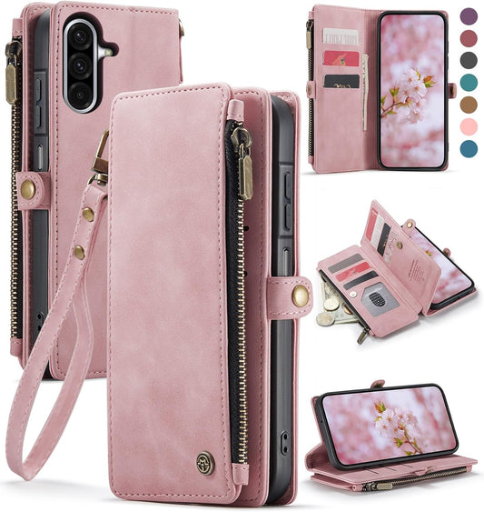 Defencase for Galaxy A26 5G Case Wallet with RFID Blocking Card Holder for Women Men, Fashion PU Leather Magnetic Snap Flip Zipper Wrist Strap Wallet Phone Case for Samsung Galaxy A26 5G, Rose Pink