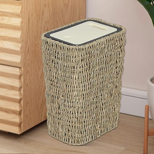 Trongee Boho Trash Can with Lid,3 Gallon Small Rattan Trash Can with Press Top Lid,Slim Wicker Waste Basket and Hamper 2 in 1 for Bathroom,Seagrass Woven Garbage Can Trash Basket for Bathroom,Kitchen