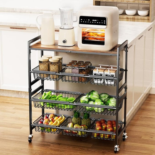 Cinati 4-Tier Utility Kitchen Cart with Wood Top, 29" W Kitchen Storage Cart with 8 Baskets & Handle, Metal Snack Cart with Wheels, Adjustable Pantry Organizer and Storage Cart for Fruit, Vegetables