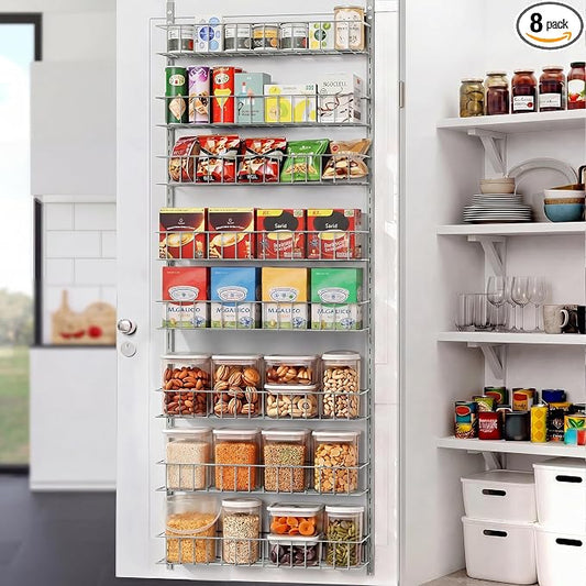 ElegantArray 8-Tier Pantry Door Oragnizer, Over The Door Pantry Organizer Rack and Storage, Hanging Spice Rack Shelves Door, Home Office Laundry Room Bathroom & Kitchen Organization, Light Gray