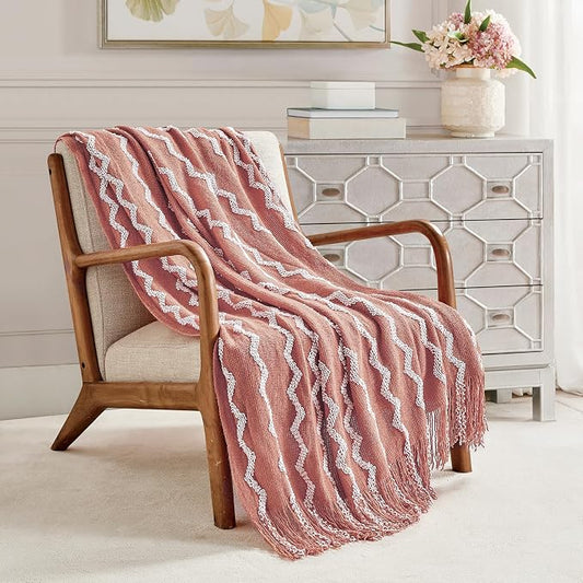 BOURINA Fluffy Chenille Knitted Fringe Throw Blanket Lightweight Soft Cozy for Bed Sofa Chair Throw Blankets, Coral Pink 50" x 60"