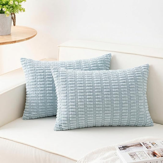 Aegero Pack of 2 Corduroy Decorative Throw Pillow Covers 12x20 Inch Soft Striped Pillow Covers Modern Farmhouse Home Decor for Sofa Living Room Couch Bed（Sky Blue）