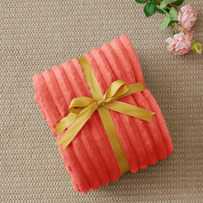 BEDELITE Fleece Throw Blanket for Couch - 300GSM Soft & Warm Fluffy Coral Red Blanket, Decorative and Giftable Striped Blankets for Women, Men, 50"x60"