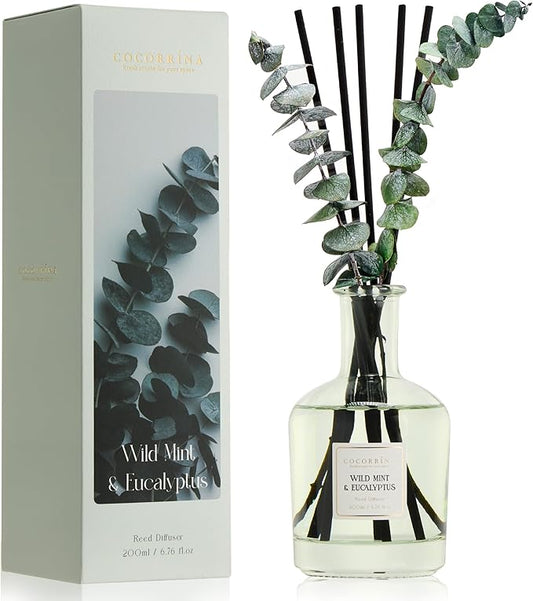COCORRÍNA Wild Mint & Eucalyptus Reed Diffuser – 6.76 oz Essential Oil with 8 Reeds & Real Eucalyptus Sticks, Home Fragrance for Bedroom or Bathroom Décor