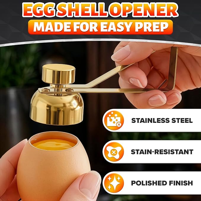 Egg Cracker Tool for Raw Eggs — Egg Shell Opener for Soft-Boiled Shell Tops, Stainless Steel Topper with Ergonomic Adjustable Effort — Clean Cut Design for Breakfast Prep, Custards, and Baking (Gold)