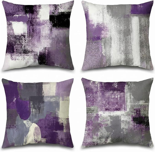 Modern Abstract Throw Pillow Covers 18x18 Set of 4, Purple and Grey Decorative Cushion Covers for Couch Sofa Bedroom, Soft Polyester Square Pillowcases for Living Room Home Decor, Art Painting Style