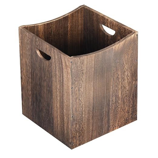 Large Wooden Trash Can 9 Gal Curved Design Office Waste Basket, Square Farmhouse Garbage Can, Brown Vintage Wood Trash Can Storage Basket With Handles for Bedroom Office Living Room Decorative