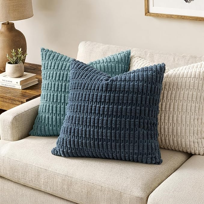MIULEE Pack of 2 Corduroy Decorative Throw Pillow Covers 16x16 Inch Soft Boho Striped Pillow Covers Modern Farmhouse Home Decor for Summer Coastal Sofa Living Room Couch Bed Blue