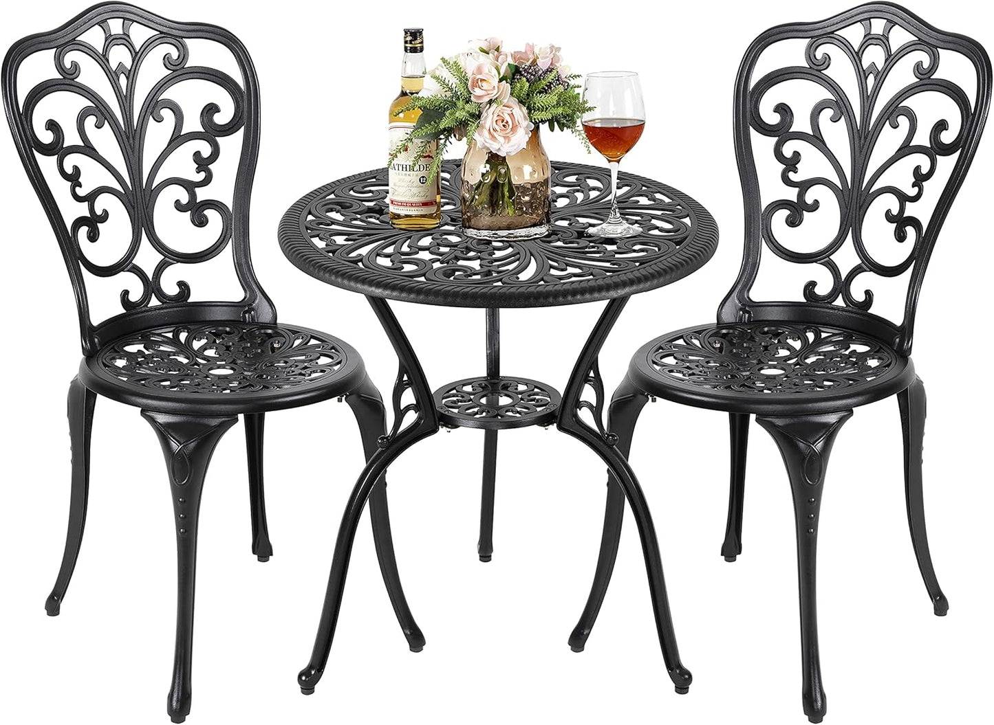 NUU GARDEN 3 Piece Outdoor Bistro Table Set, All Weather Cast Aluminum Patio Bistro Sets Patio Table and Chairs Set of 2 with Umbrella Hole for Yard, Garden, Balcony, Black