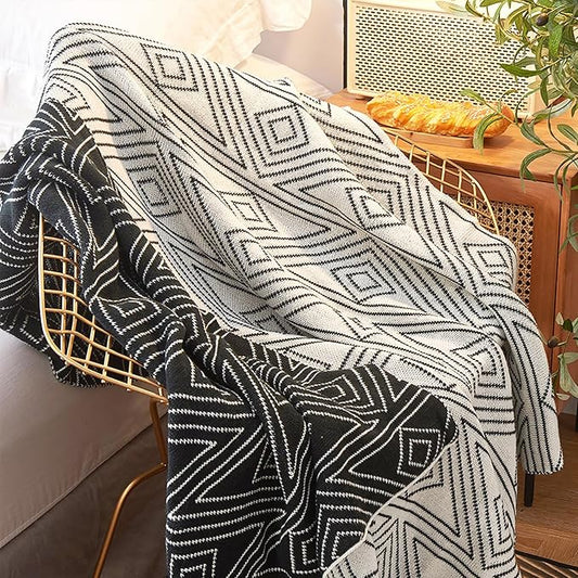 Black and White Throw Blankets, Knitted Modern Patterned Throw Blanket, Soft Lightweight Woven Throw Blanket for Sofa Couch Bed and Living Room, Black&White (50x70 Inch)