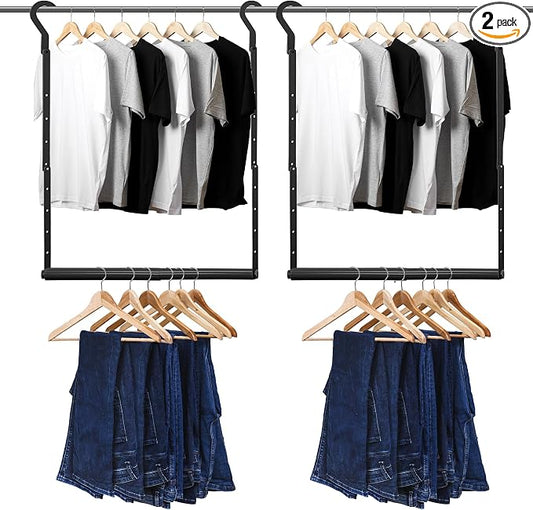 Adjustable Hanging Closet Rod, Heavy Duty Closet Rods for Hanging Clothes, Powder-Coated Black Metal Double Closet Bar, Space-Saving Closet Poles Extender for Clothing Organizer, 2 Pack