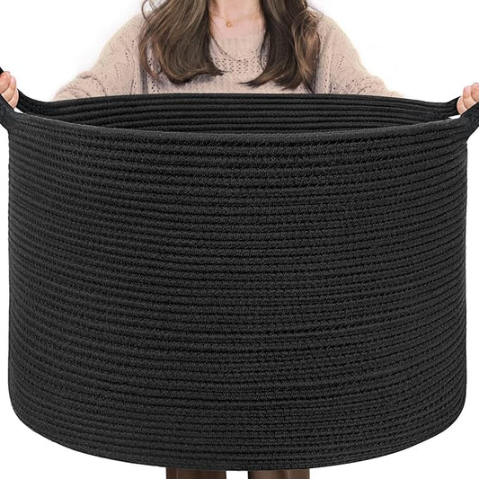 INDRESSME XXXLarge Blanket Basket 21.7" x 21.7" x 13.8" Woven Storage Baskets Soft Cotton Rope Toy Baskets Storage Kids Decorative Laundry for Home, Perfect for Living Room, Black