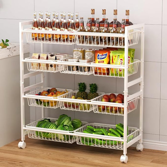 Cinati 4-Tier Snack Cart with Wheels, 29''W Toy Storage Organizer, Rolling Pantry Storage Cart with 10 Wire Baskets & Handle,Adjustable Metal Snack Rack, Kitchen Organizer for Fruit, Vegetables(White)