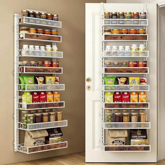 8 Tier Pantry Door Organizer Spice Rack, 2-IN-1 Wall Mount or Hanging Over Door Seasoning Organizer with Adjustable Baskets, Heavy Duty Behind Door Storage Shelves for Pantry, Cabinet and Kitchen