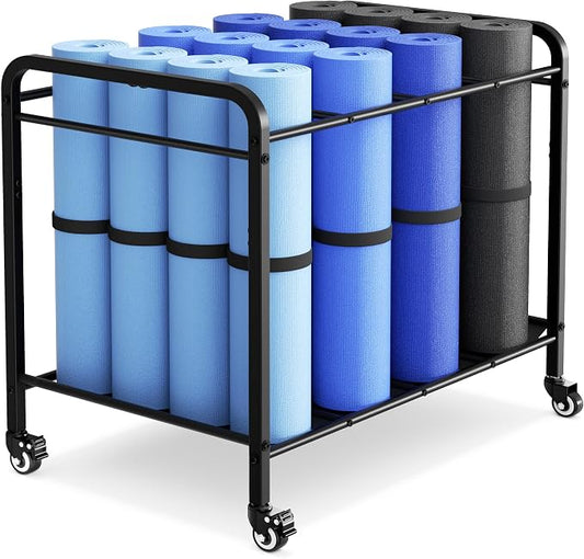 Black Yoga Mat Storage Rack Basket with Wheels, Floor-Standing Metal Yoga Mat Cart Workout Equipment for Foam Roller Dumbbells Kettlebells,in Gym,Fitness Classes, Yoga Studio & Home Gym