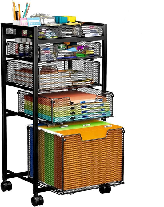 Rolling File Cart with 4 Storage Drawers, Under Desk Organizer with DIY Divider, Moblie Filing Cabinet on Wheels, Fits A4/Letter Size, Metal Utility Cart for Home Office, Black