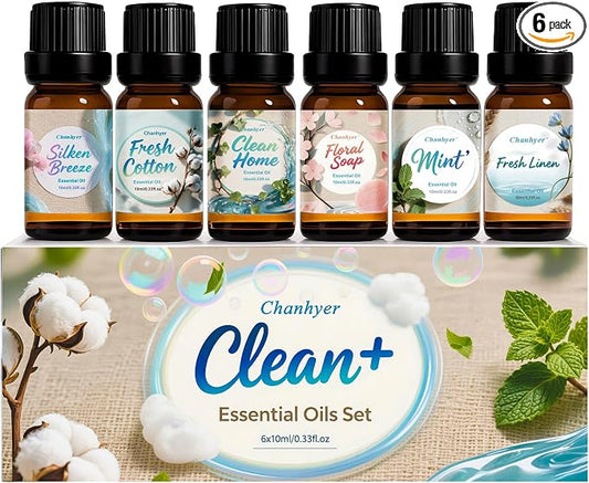 Clean Essential Oils Set 6x10ml-Fresh Linen,Mint,Clean Home,Silken Breeze,Fresh Cotton,Floral Soap for Diffuser,Home Fragrance