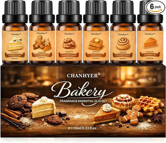 Bakery Essential Oils Set for Diffusers 6x10ml-Chocolate Cookies,Vanilla Cake,Cinnamon Rolls,Pumpkin Pie,Gingerbread,Waffles,Fragrance Oils for Candle&Soap Making
