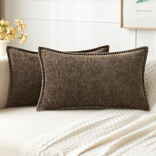 MIULEE Pack of 2 Lumbar Throw Pillow Covers 12x20 Inch Brown Farmhouse Decorative Pillow Covers with Stitched Edge Soft Chenille Solid Dyed Pillow Covers for Couch Sofa Bed Living Room