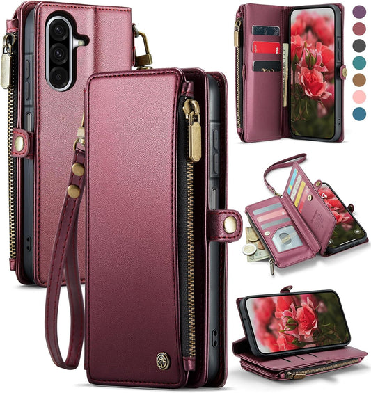 Defencase for Galaxy A26 5G Case Wallet with RFID Blocking Card Holder for Women Men, Fashion PU Leather Magnetic Snap Flip Zipper Wrist Strap Wallet Phone Case for Samsung Galaxy A26 5G, Wine Red