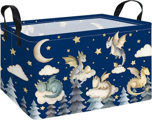 Rectangular Dragon Pattern Storage Bin, Decorative Canvas Laundry Basket with Dual Handles, Foldable Toy & Household Organizer, Multipurpose Party Gift Basket for Home Bedroom Dorm(Cute Dragon)