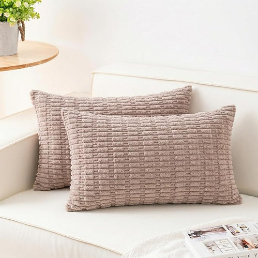 Aegero Pack of 2 Corduroy Decorative Throw Pillow Covers 12x24 Inch Soft Striped Pillow Covers Modern Farmhouse Home Decor for Sofa Living Room Couch Bed（Light Brown）