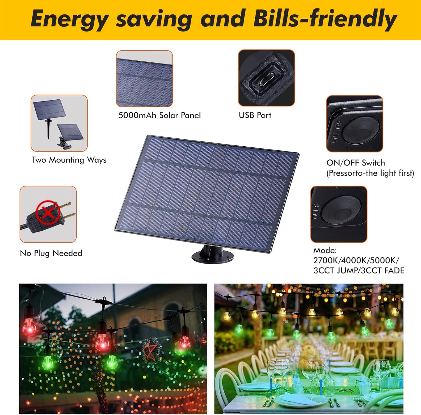 Auroraworld RGB Solar String Lights, 35FT Dimmable Patio String Lights Remote for Cafe