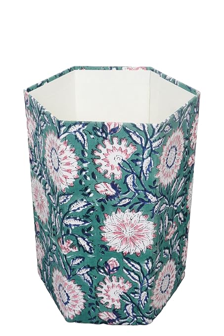 3.3 Gallon Cotton Hand Block Printed Paper Waste Basket |Small Decorative Trash Can for Housewarming Gifts in Living Room, Bedroom, Bathroom | Eco-Friendly, Plastic-Free (1, Green Pink FLOWAR)