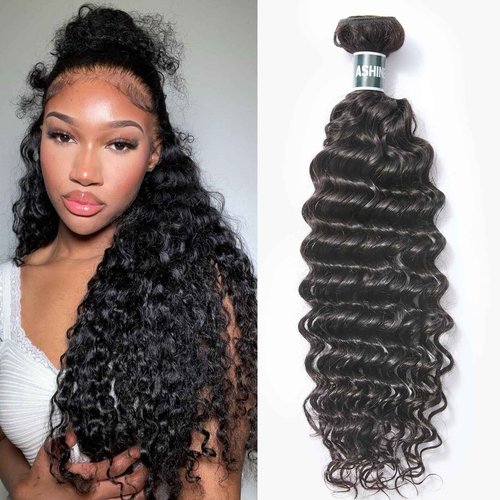 ASHINE Human Hair Bundle Deep Wave Unprocessed Cambodian Raw Hair 20 Inch, Flip Over Quick Weave Wet and Wave Bundles for Women Natural Black
